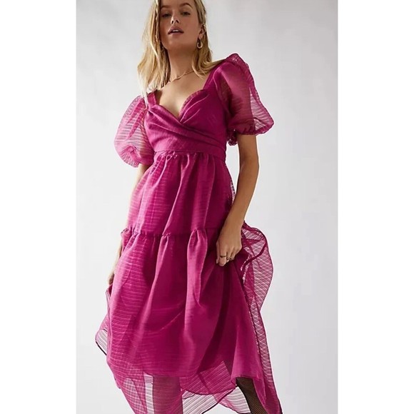 Free People Women Pink Hailey Maxi Balloon Sleeves Tie Preppy